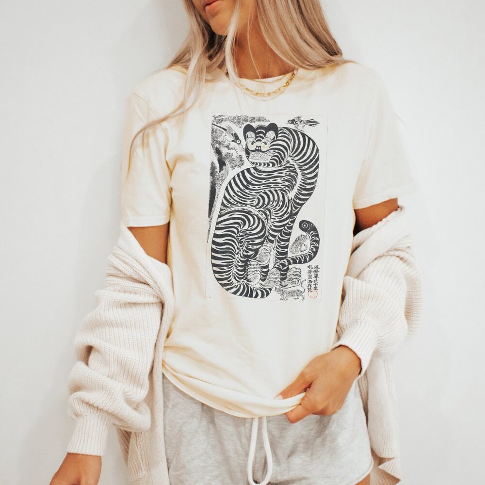 Korean Tiger Art Tee Folk Graphic Shirt Asian Style - Picture 3 of 6